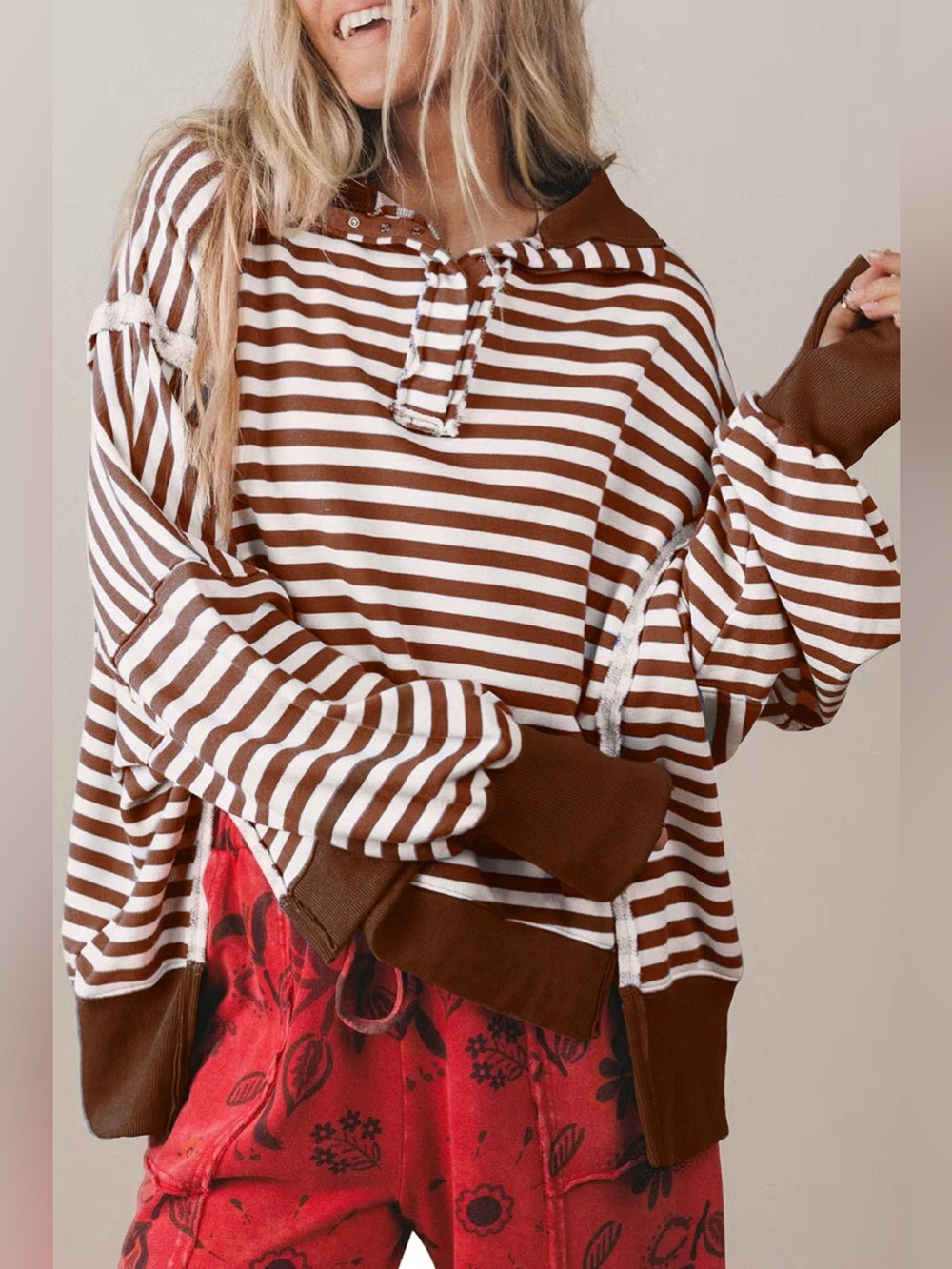 Oversized Striped Henley Sweatshirt